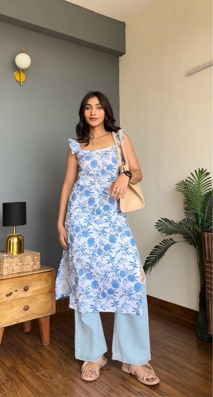 Blue Long Floral Kurti