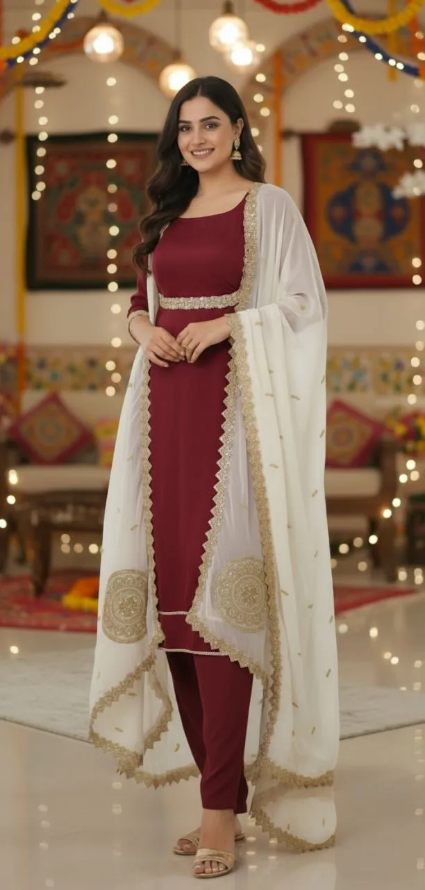 Maroon Embellished Kurta Set