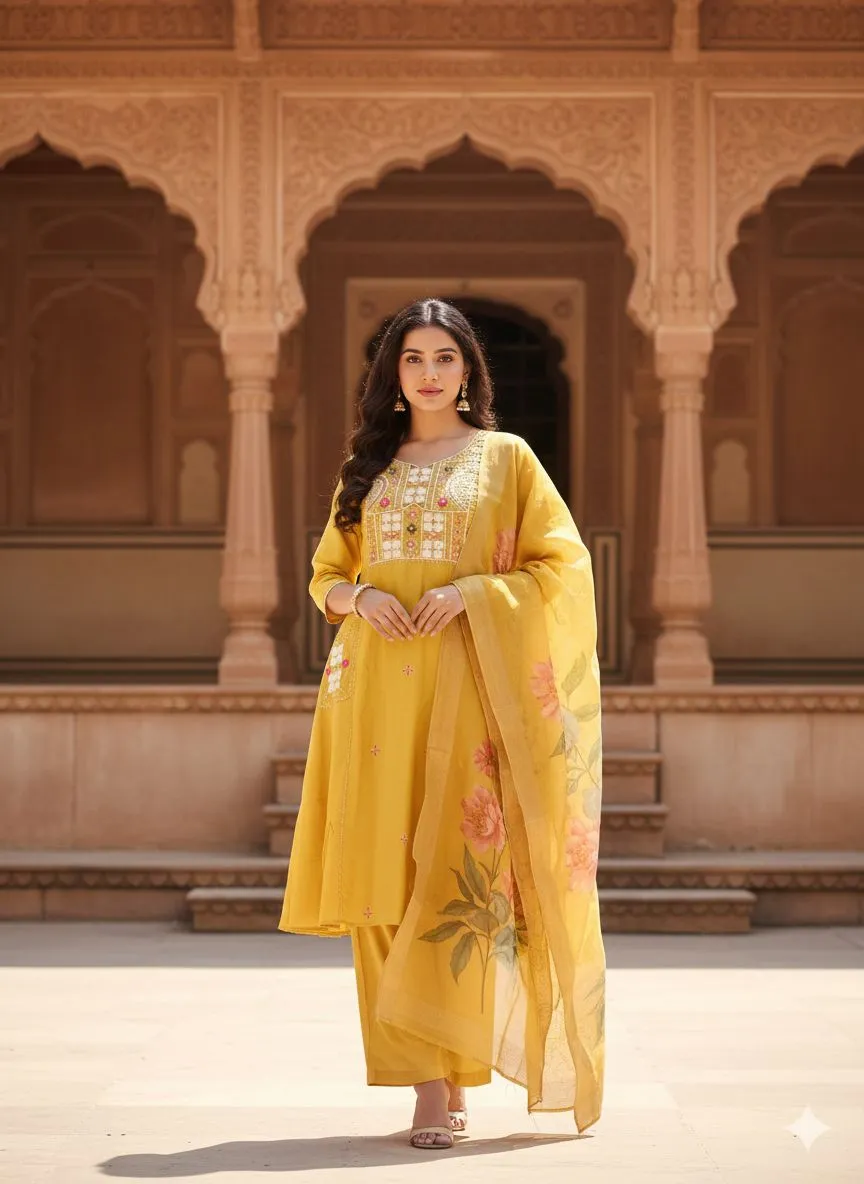 Yellow Embroidered Kurti Set view 2