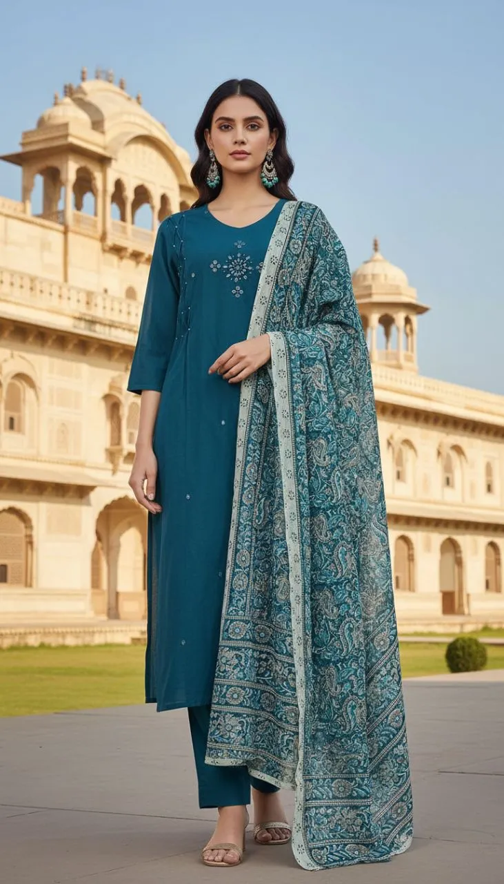 Teal Embroidered Kurta Set