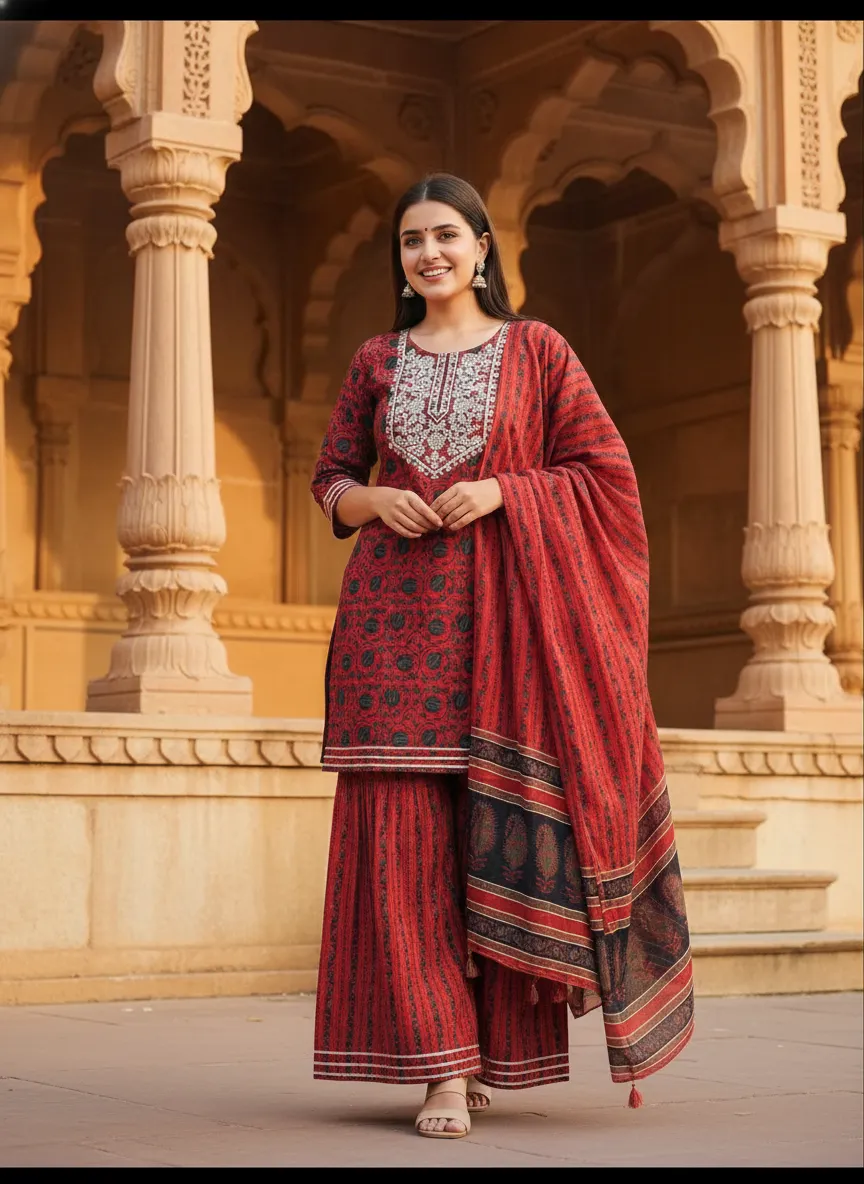 Red Embroidered Sharara Set