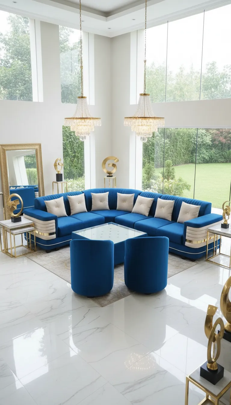 Blue Velvet Sofa Set