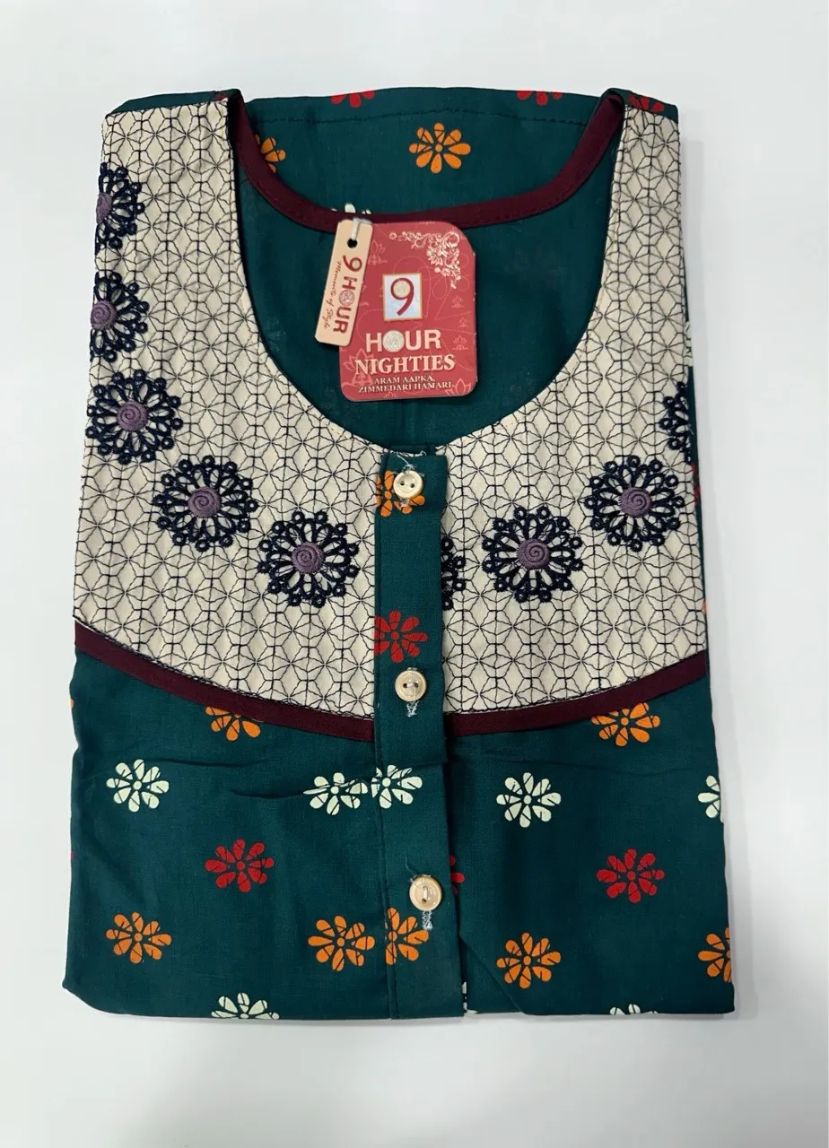 Round Embroidery Pure Cotton Nighty