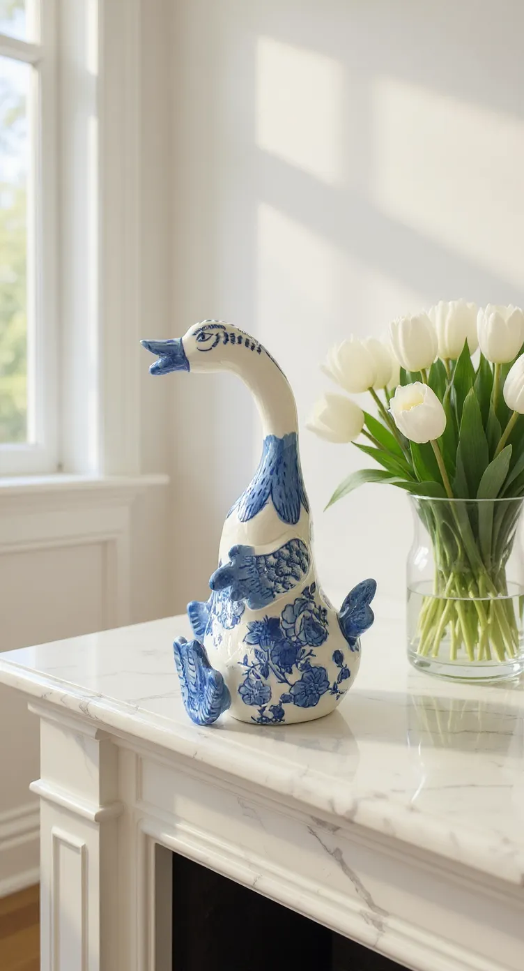 Blue and White Ceramic Goose Figurine