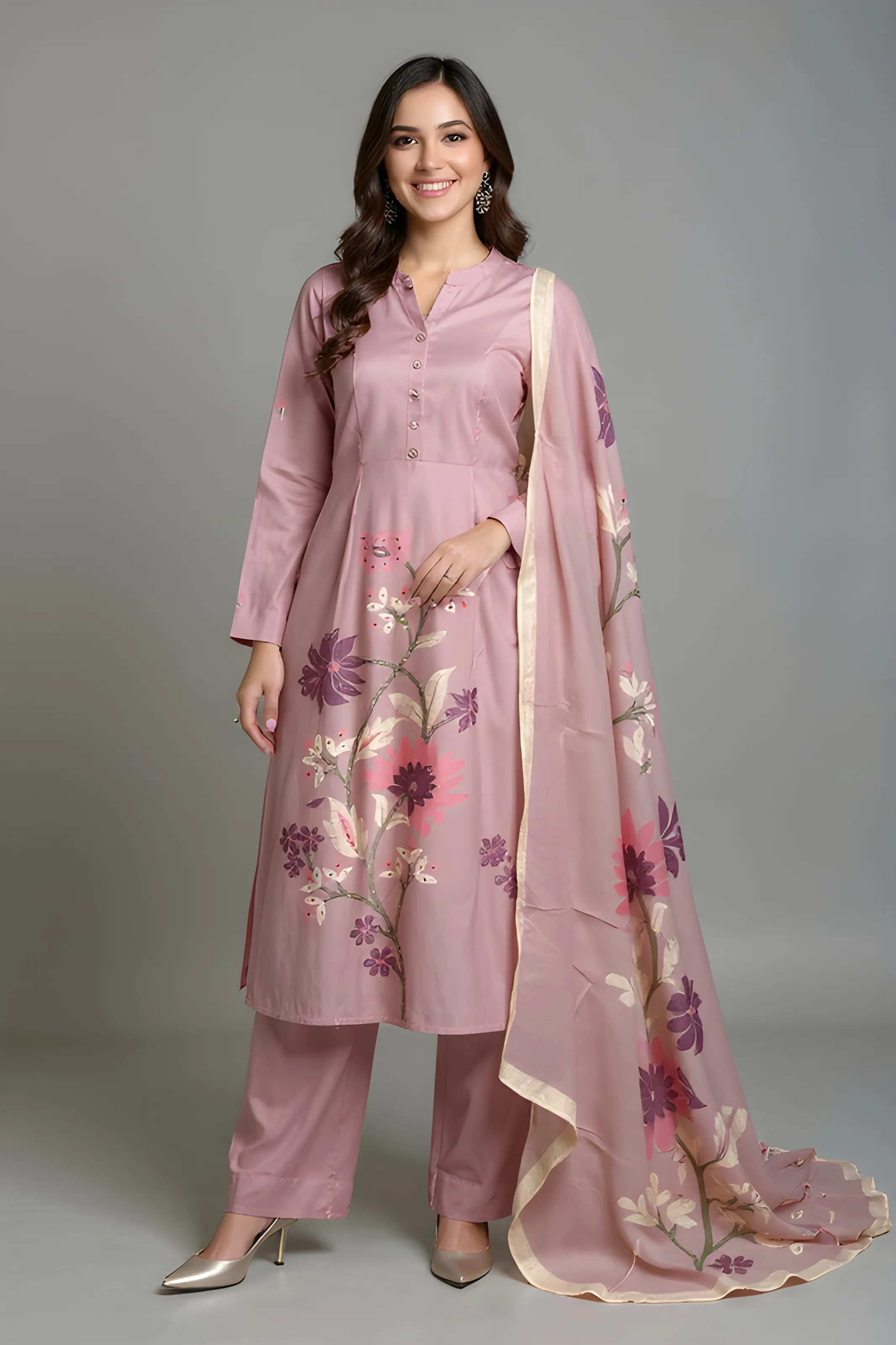 Dusty Pink Floral Kurti Set L TO XXXL