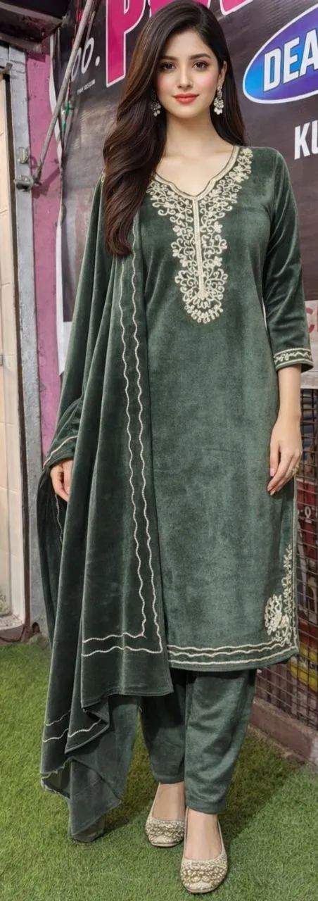 Velvet Embroidered Kurta Set