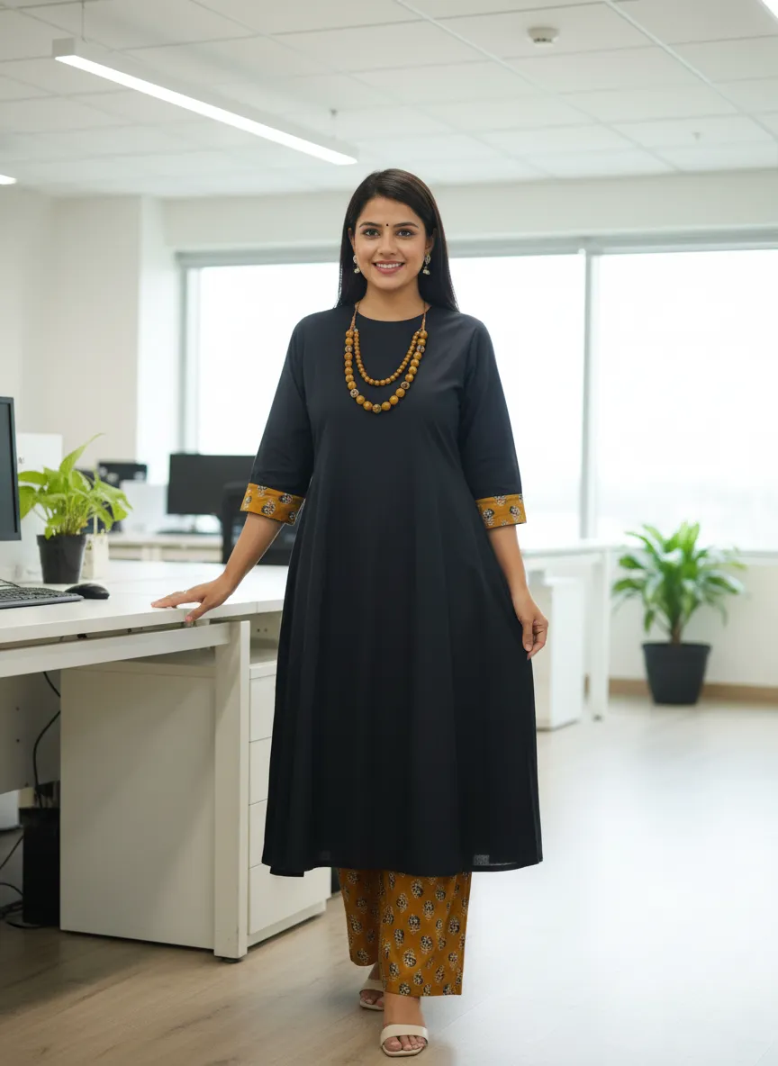 Navy Kurta Set With Necklace