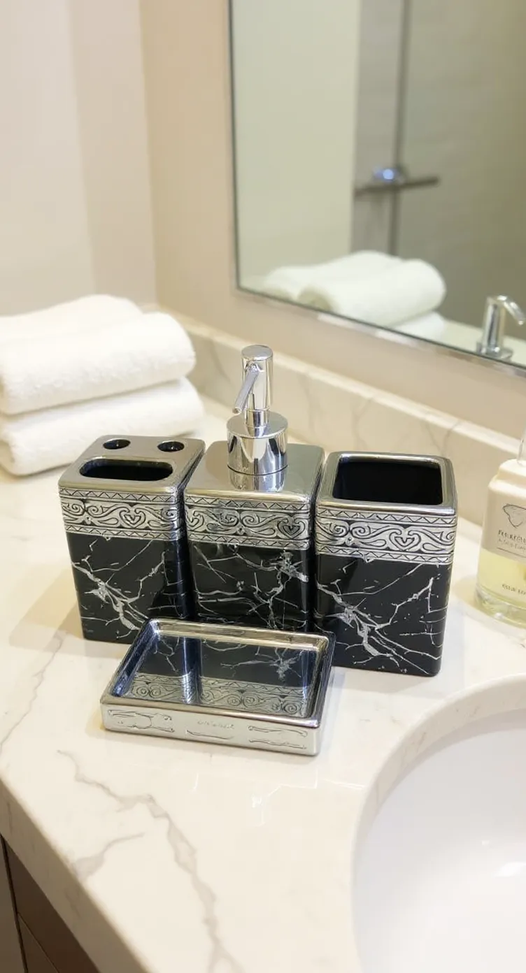 Marble-Patterned Bathroom Accessory Set