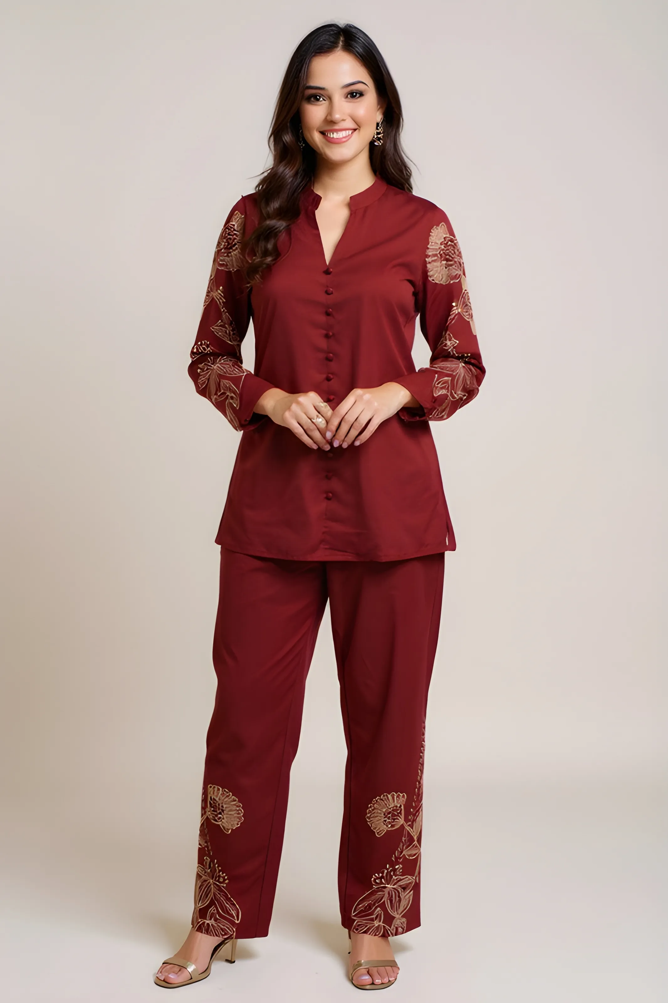 Embroidered Maroon Kurta Set
