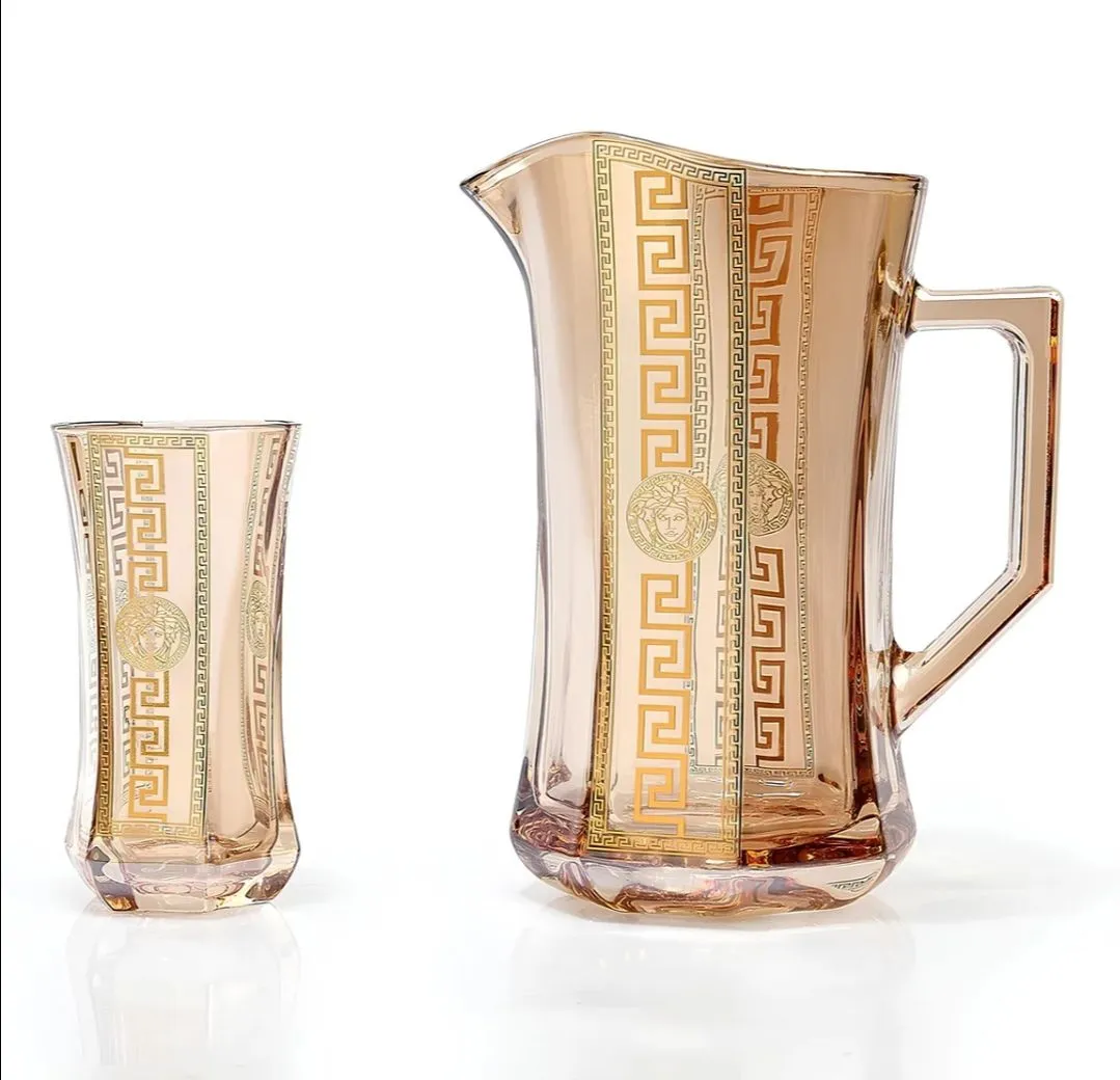 Deluxe Versace Gold Plated Jug with 6 Tall Glasses (Amber)
