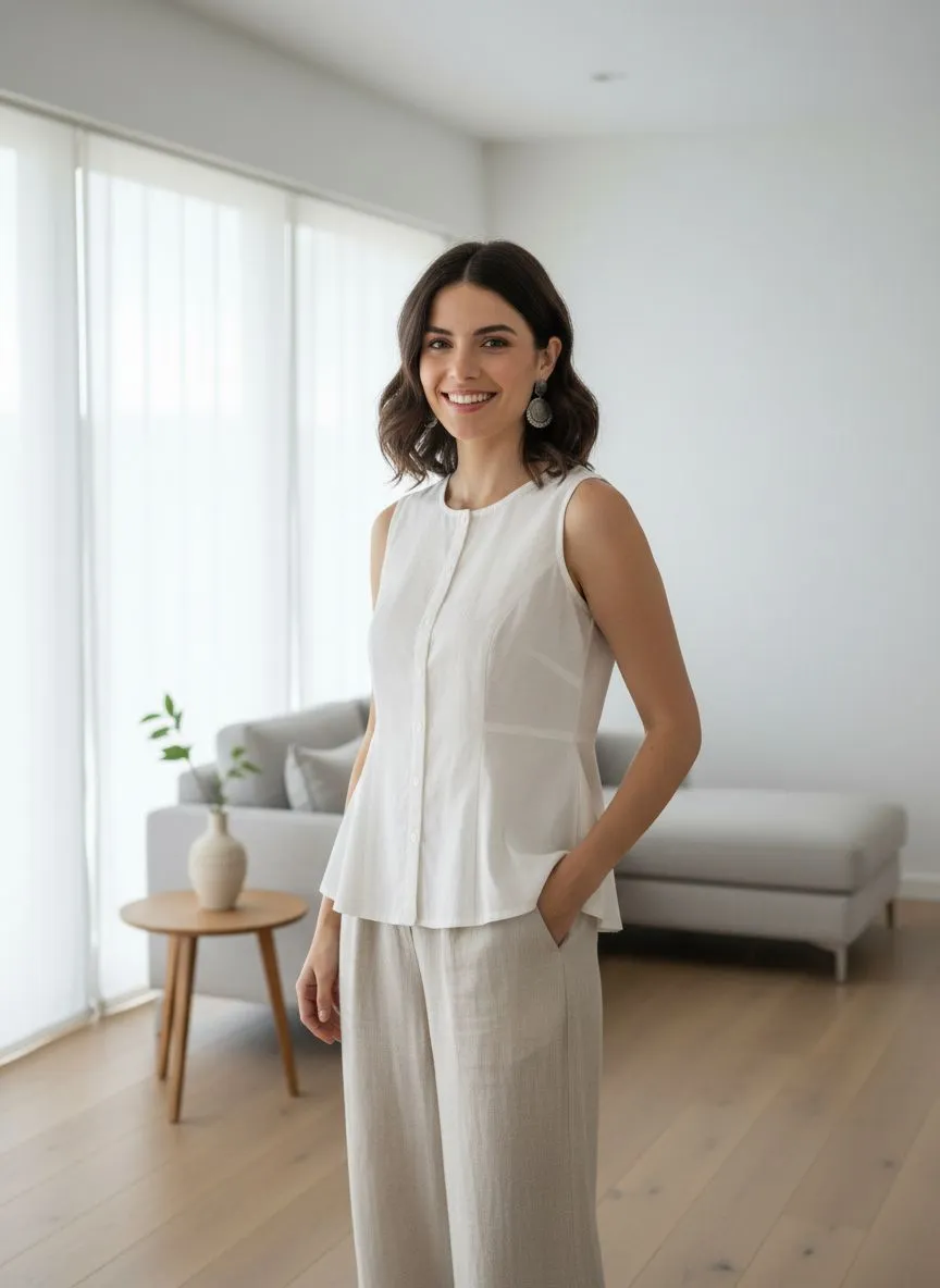 Elegant Beige Buttoned Top