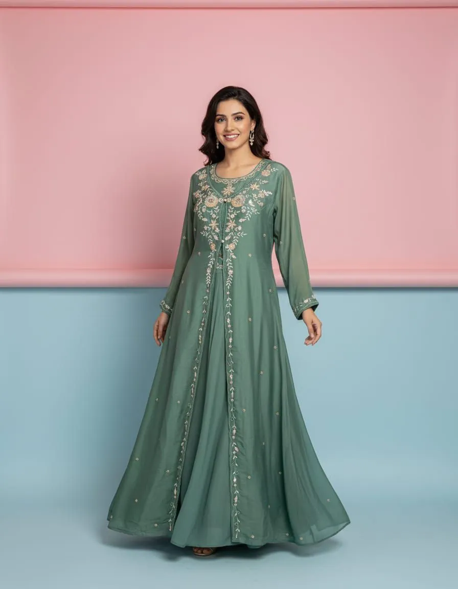 Green Embroidered Anarkali view 2