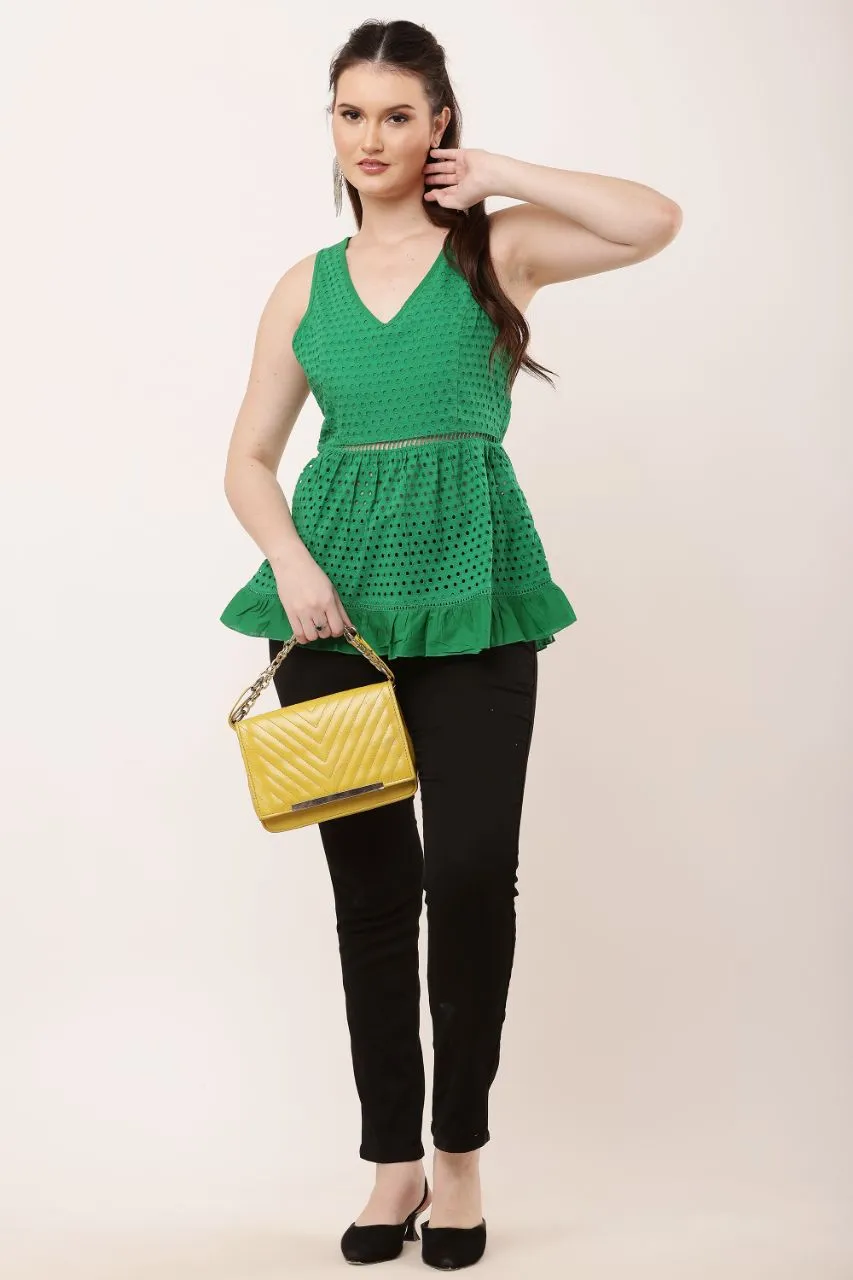Green Eyelet Peplum Top