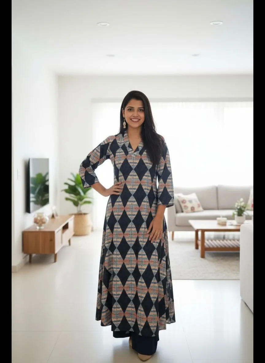 Geometric Print Blue Kurti