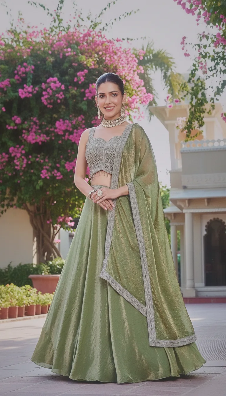 Shine-Green Lehenga / Crop-Top