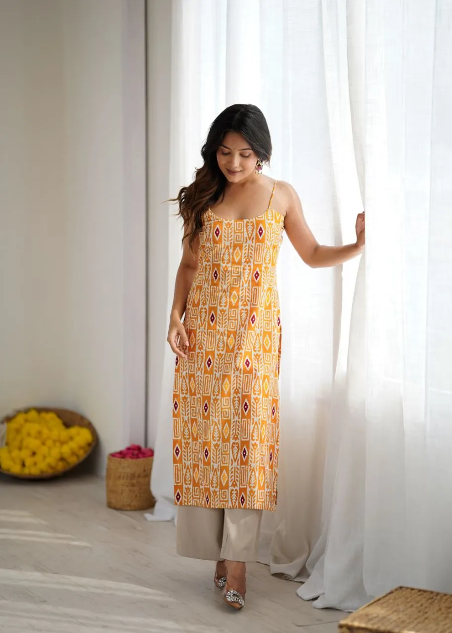 Yellow Ajrak Print Corset kurti view 2