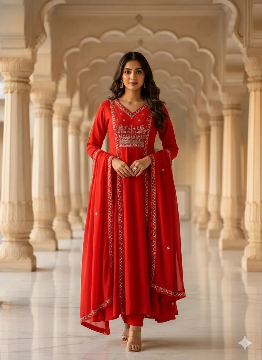 Red Embroidered Anarkali view 2