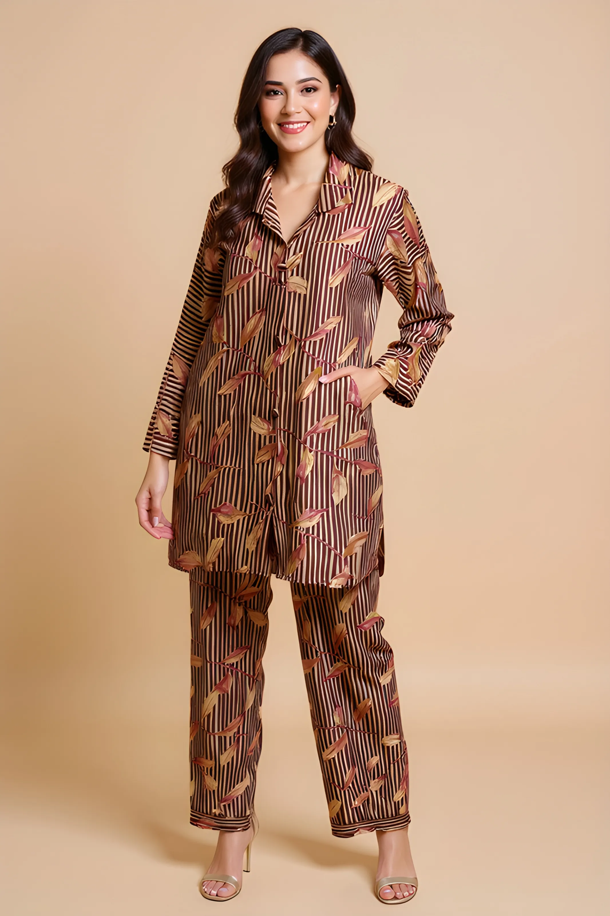 Striped Leaf Print Kurta Set