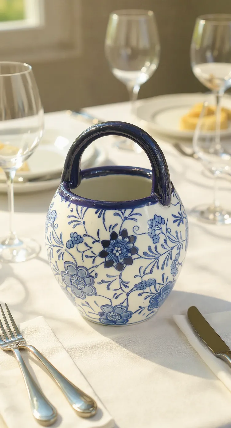 Ceramic Floral Blue Pot With Handel