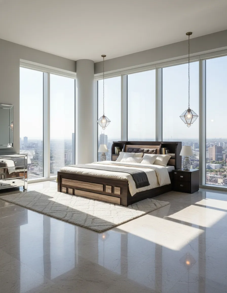 Designer Wooden Bed with Attached Side Tables