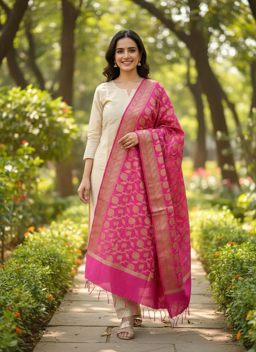Elegant Silk Dupatta With Beige Kurta Set