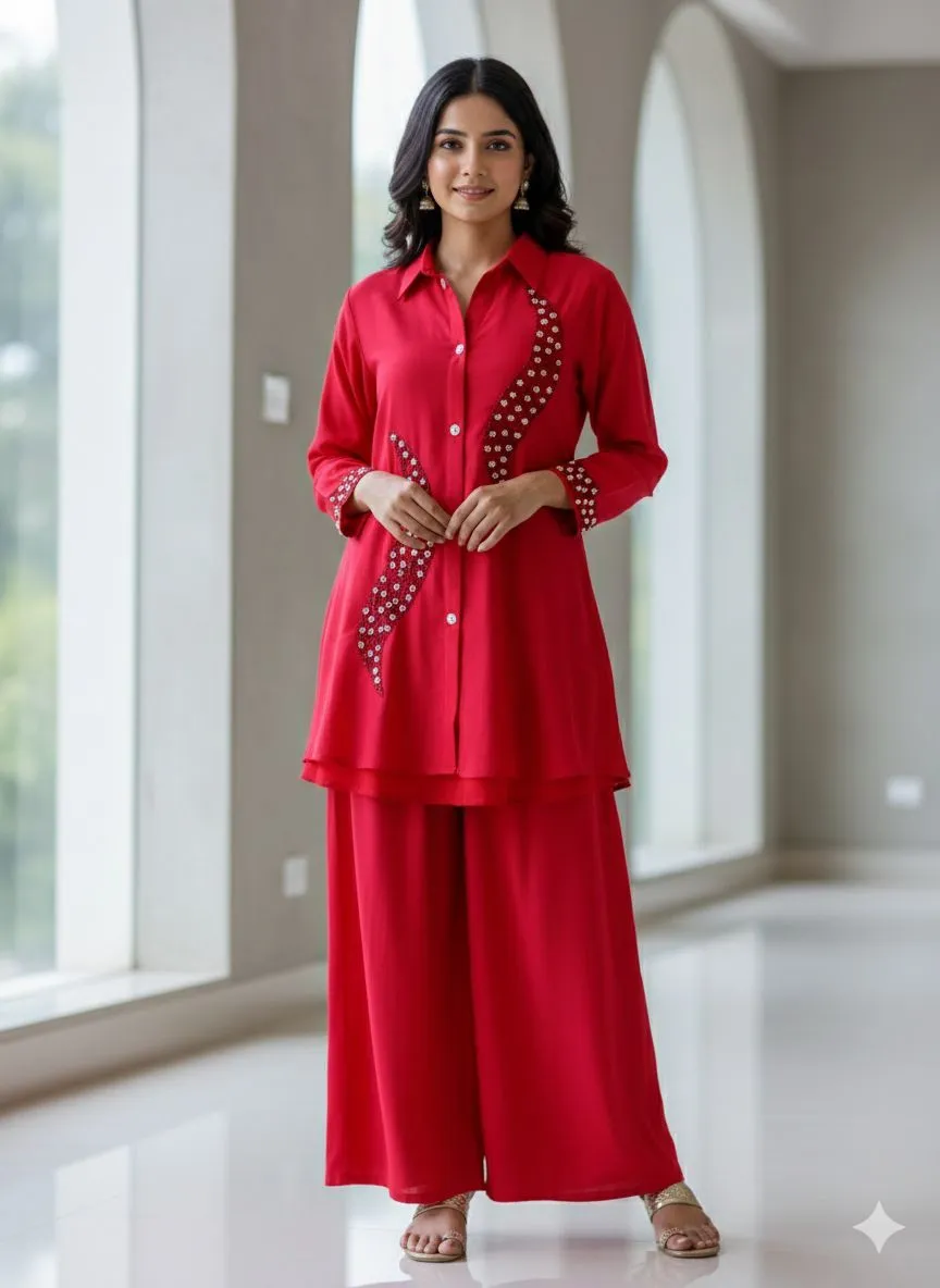 Red Beaded Kurta Set view 2