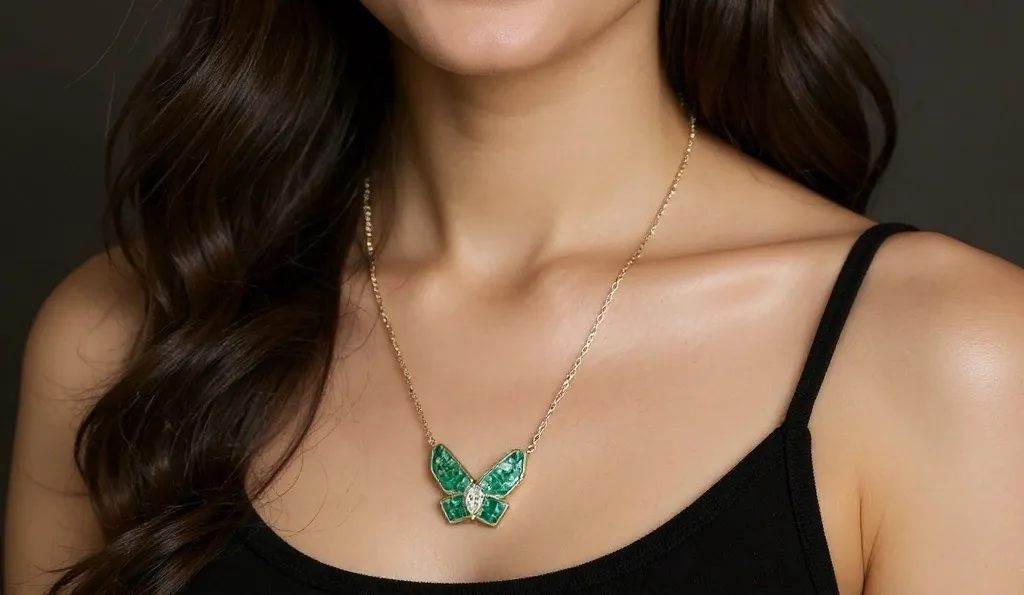 Emerald Butterfly Necklace and Earrings Set view 2