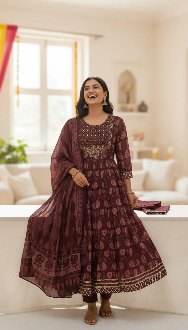 Traditional Jaipuri Print Kurta Set With Dupatta Gota Work Mirror Work