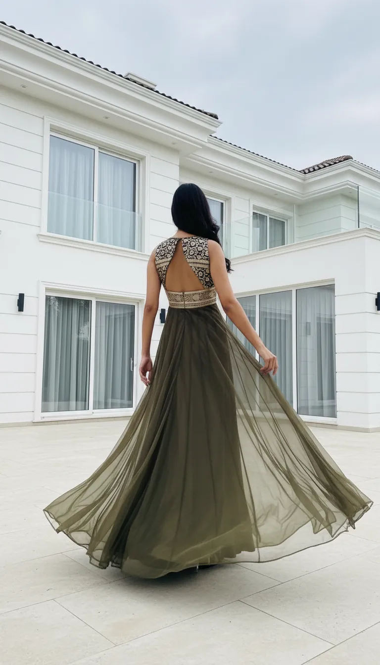 Banarsee And Net Olive Green Gown