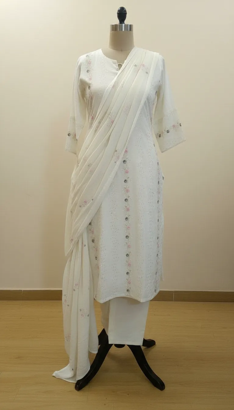 Off White Kurta Set With Dupatta Hand Resham Embroidery