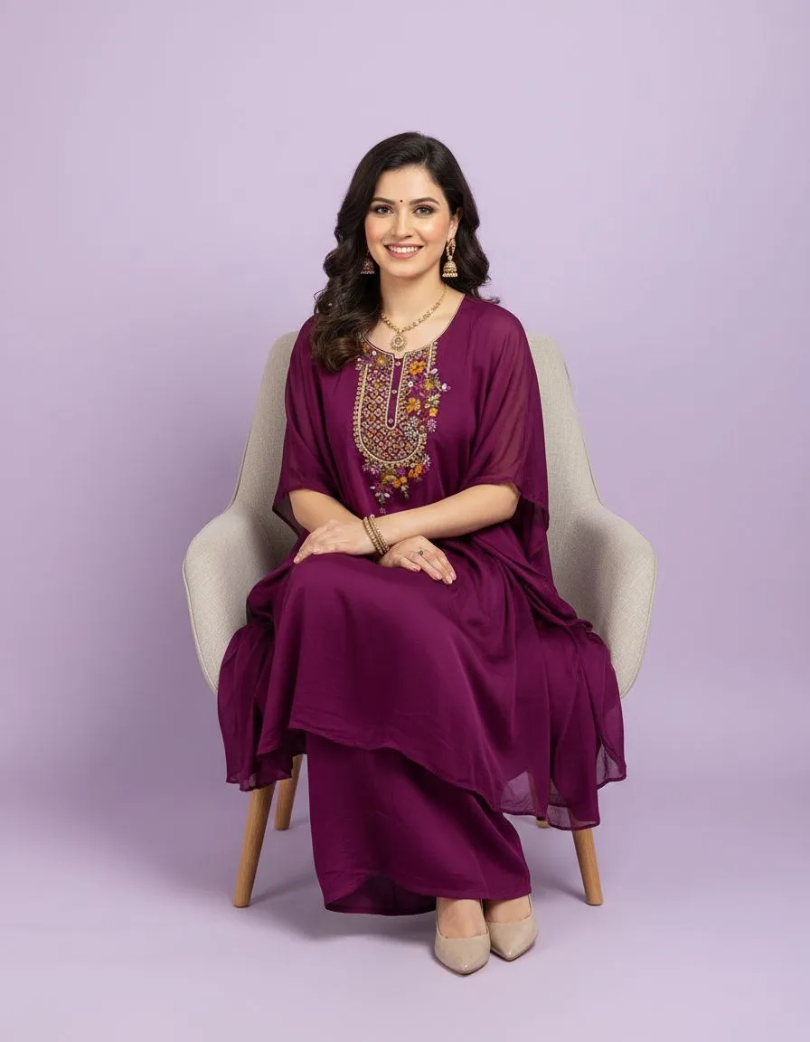 Embroidered Purple Kaftan Set view 2