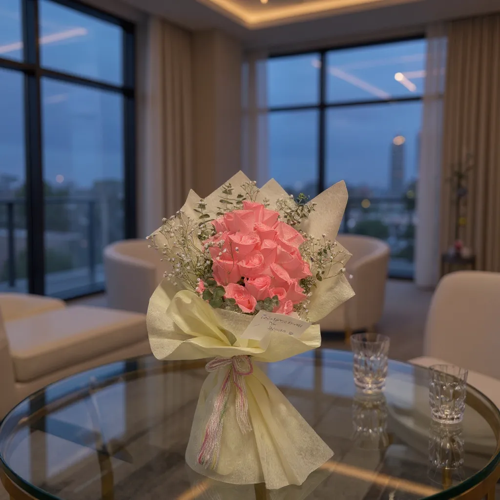 Pink Rose Wrapped With Cream Paper Bouquet
