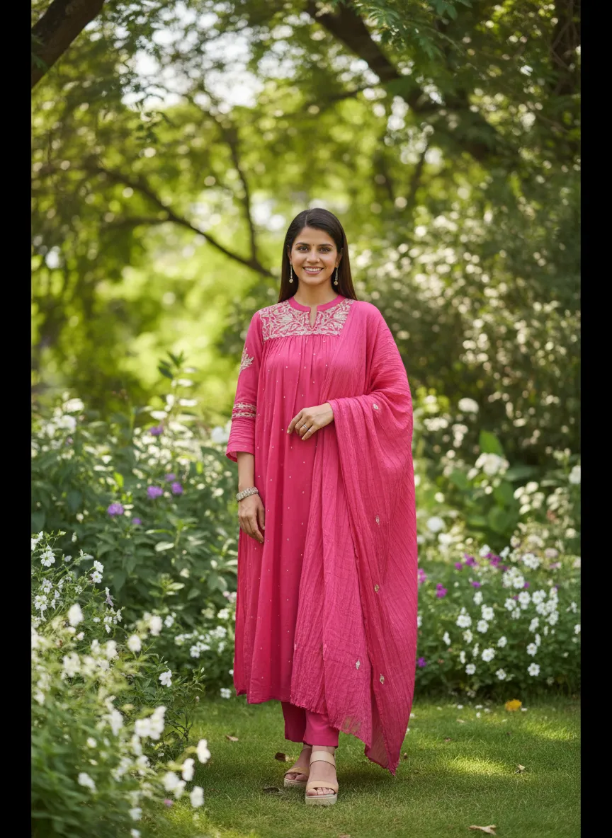 Embroidered Hot Pink Kurta Set