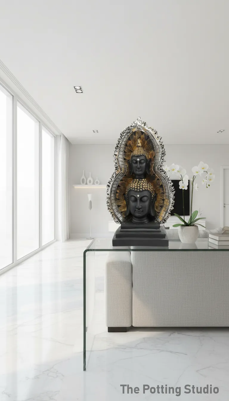 Decorative Buddha Head Statue, Black and Gold, Double Face Design 11"H &5"W