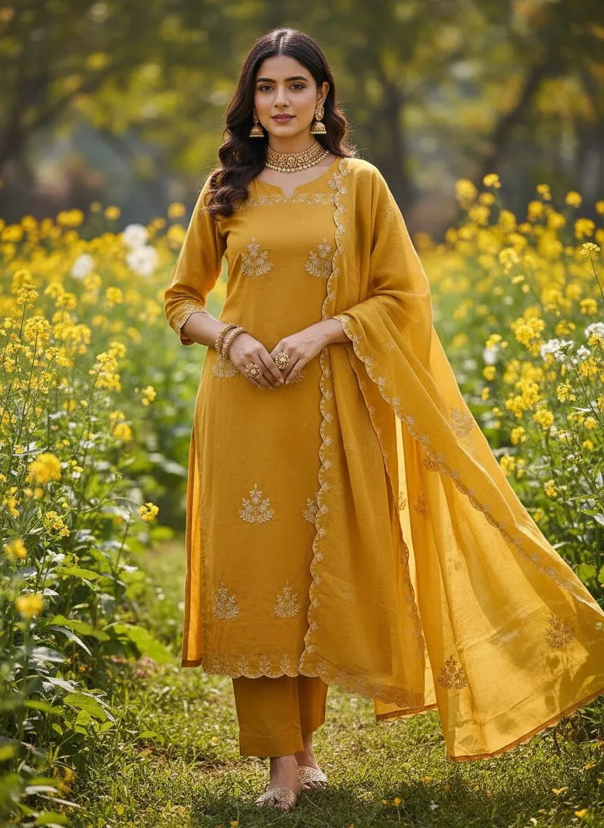 Embroidered Mustard Yellow Salwar Suit