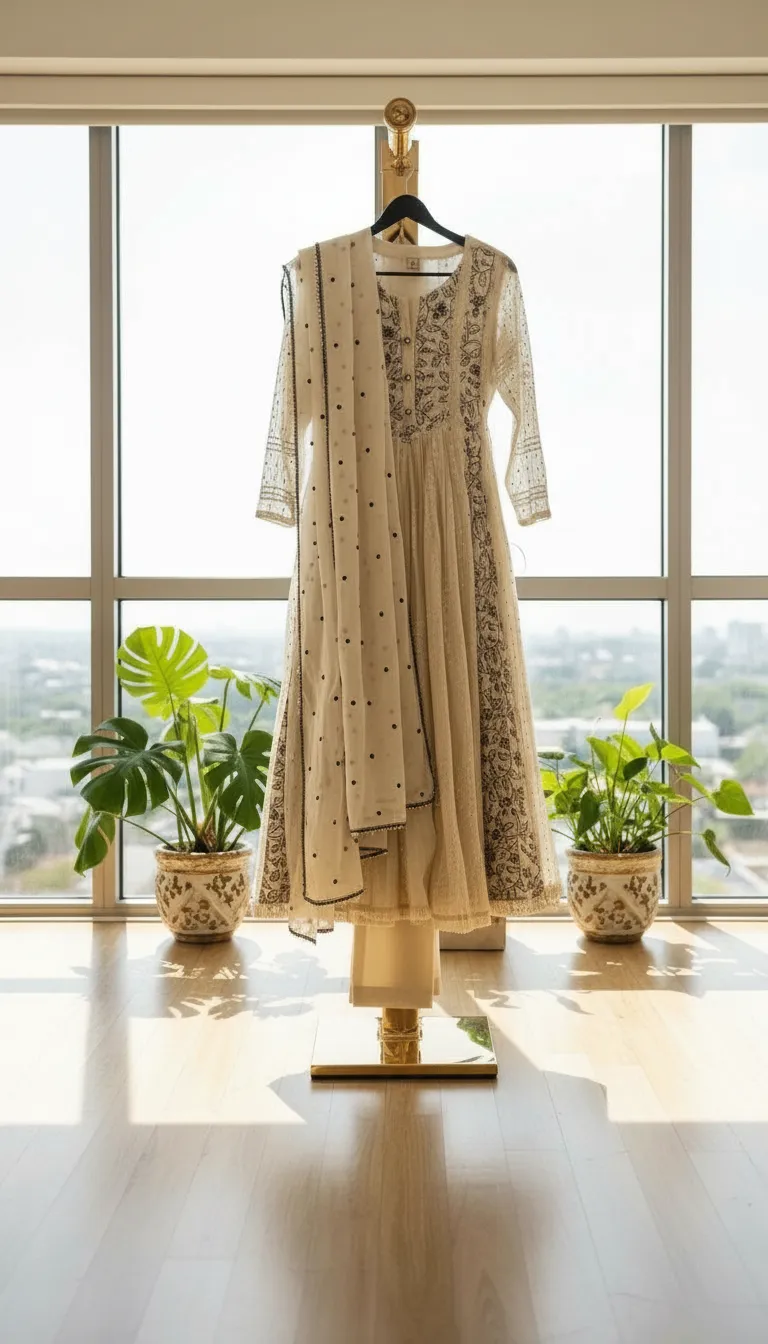 Off White Kurta Set With Dupatta Hand Embroidery