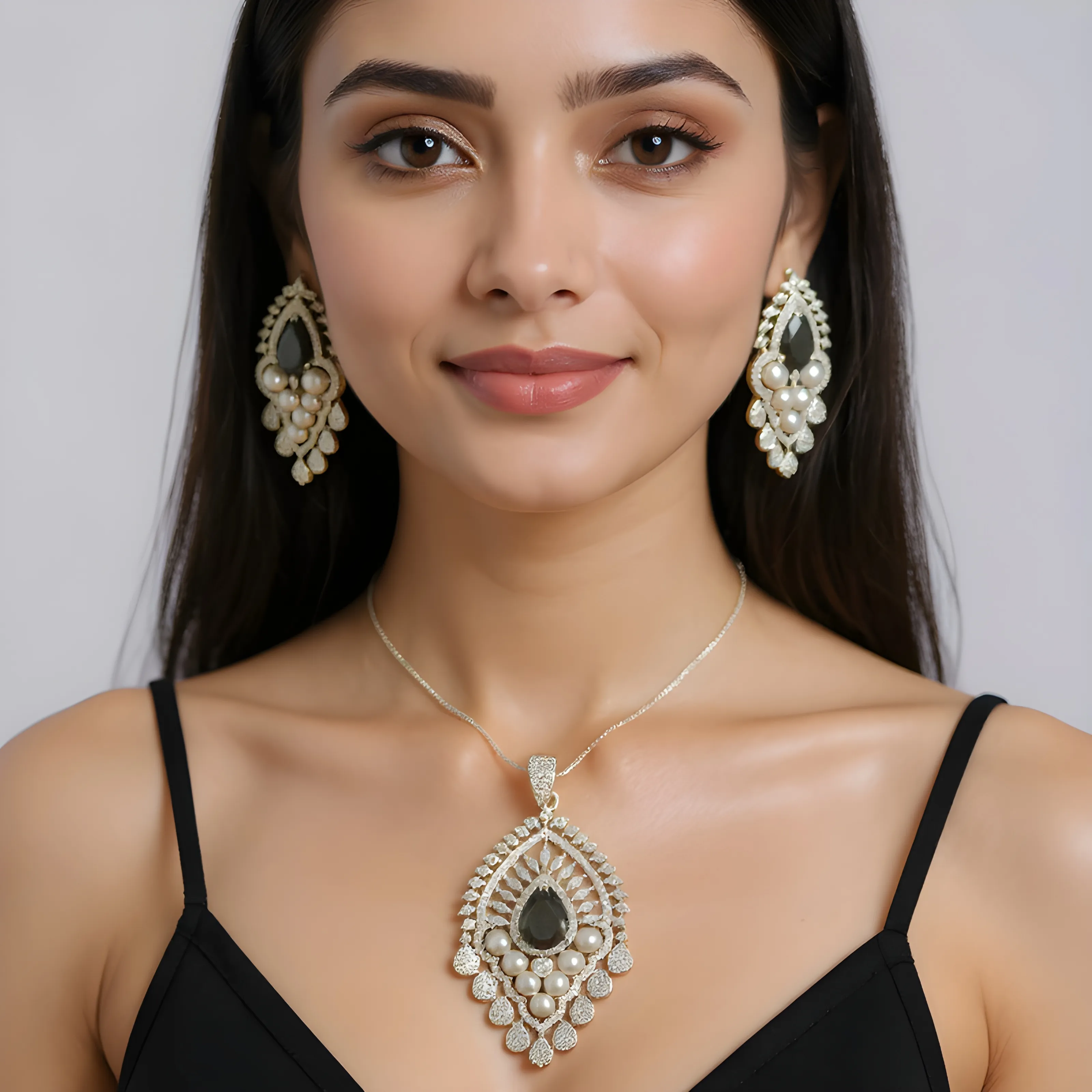Pearl and Black Gemstone Necklace Set