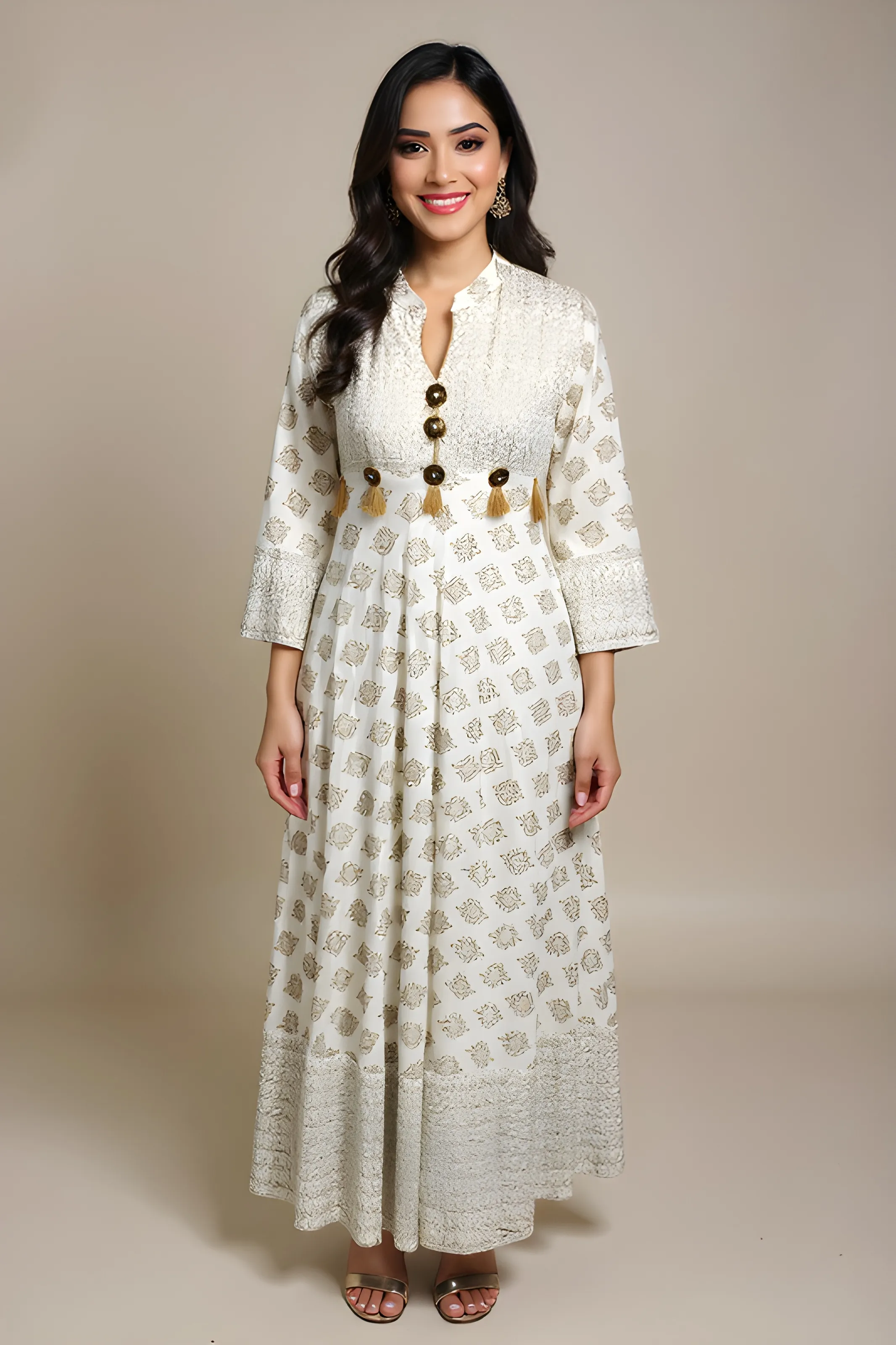 Gold-Buttoned Long Dress