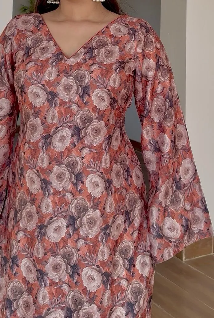 Brown Long Floral Woolen Kurti