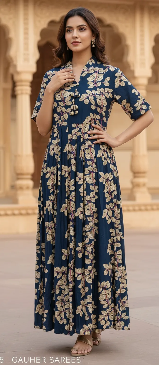 Gauher Leaf-Patterned Ethnic Dress