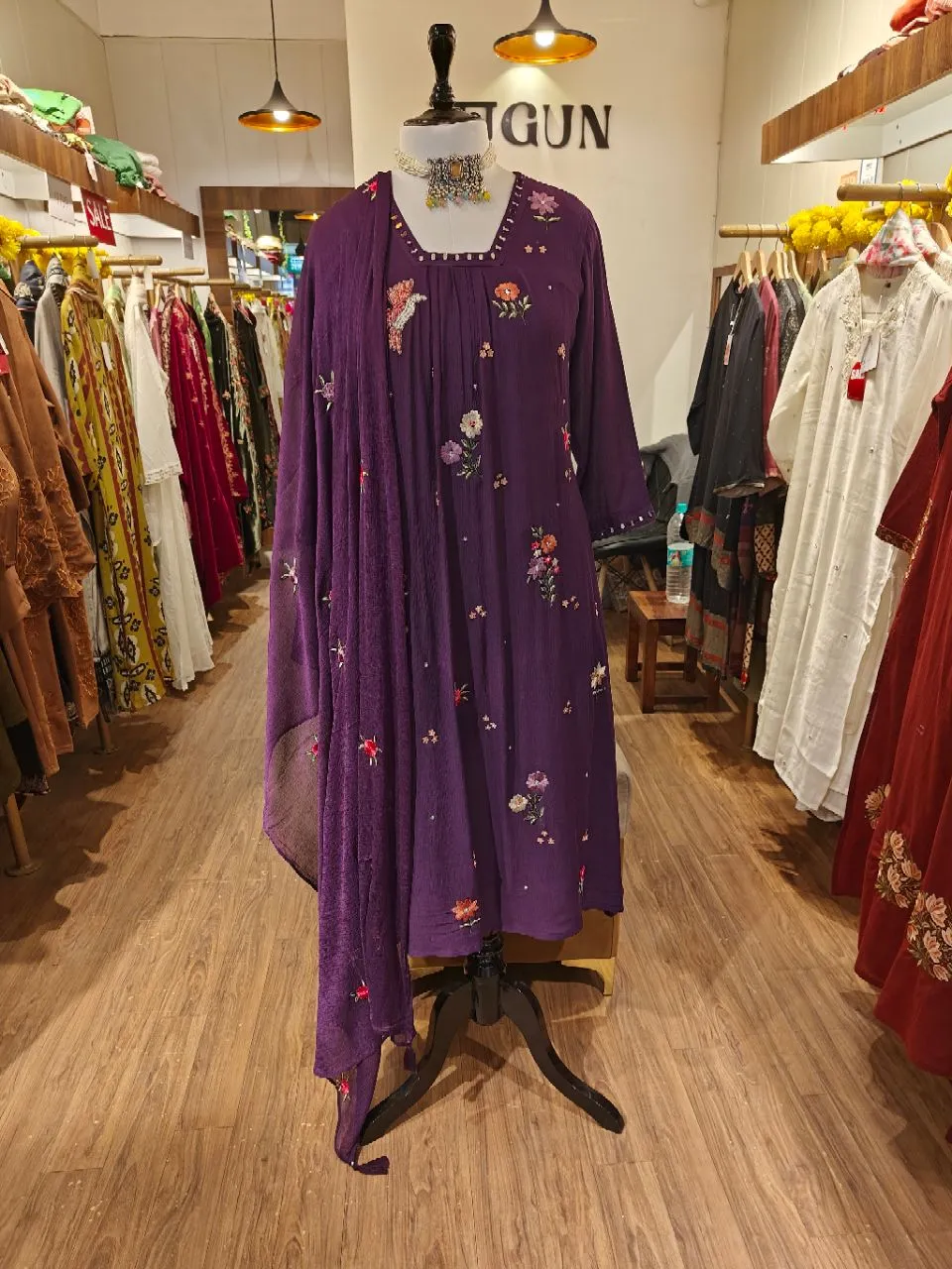 Aubergine Chiffon Kurta Set With Multi Floral Embroidery view 7
