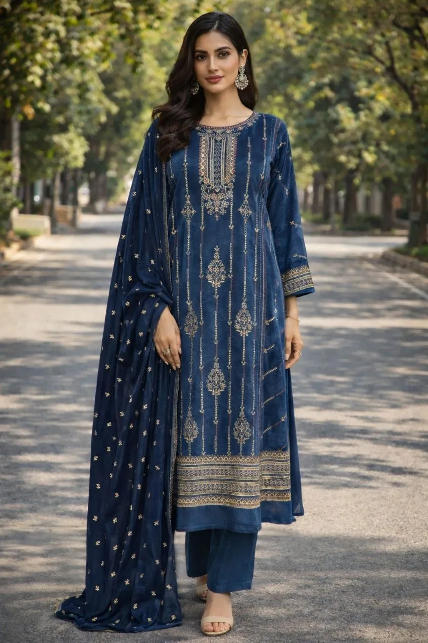 Embroidered Velvet Blue Suit