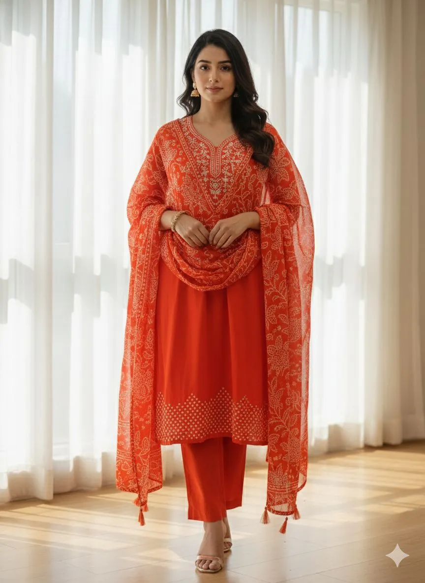 Orange Embroidered Kurti Set view 2