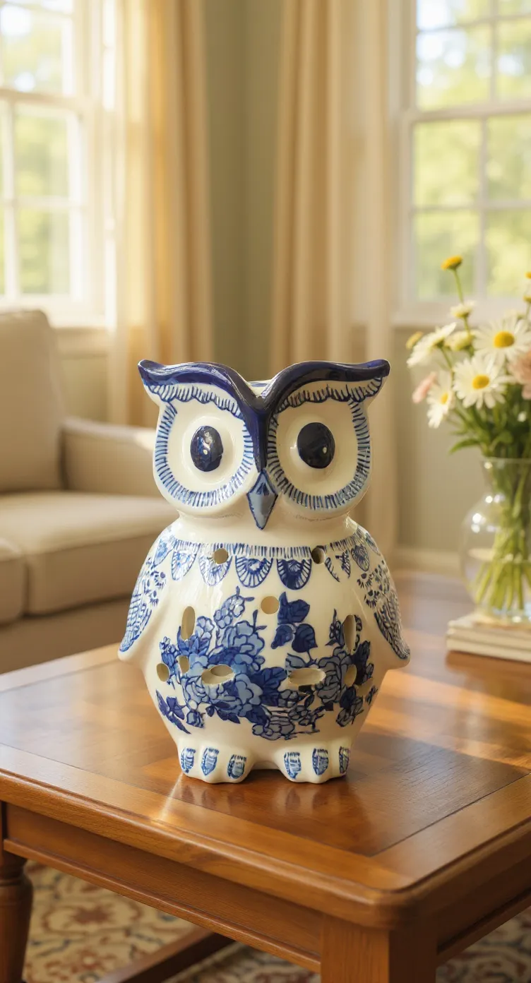 Blue and White Ceramic Owl