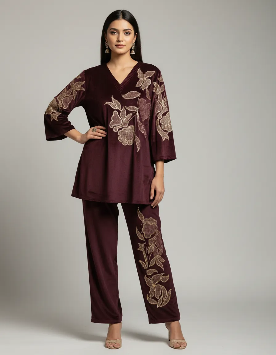Maroon Velvet Embroidered Coord Set