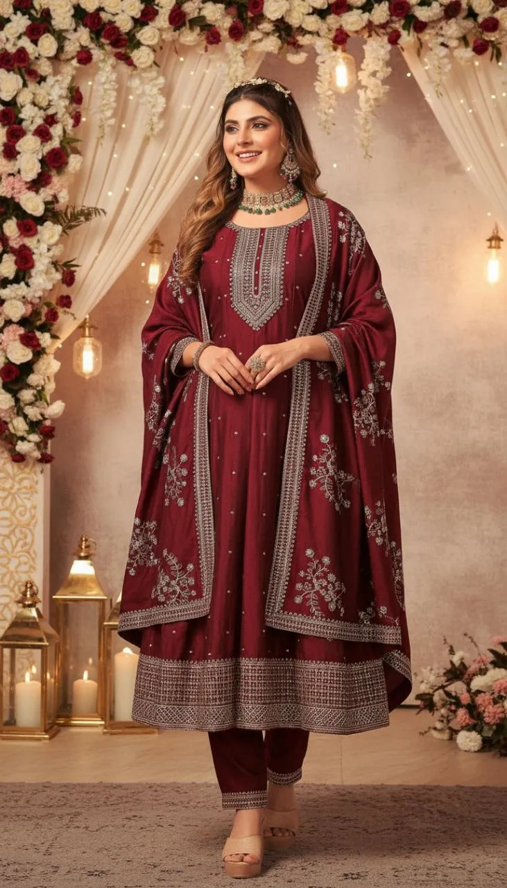 Maroon Embellished Anarkali Suit