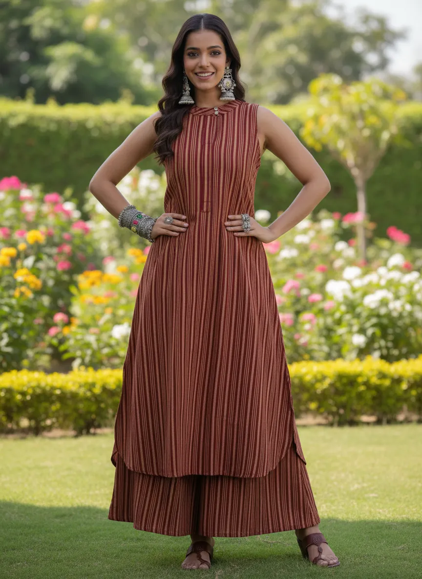 Maroon Orange Striped Kurta Set
