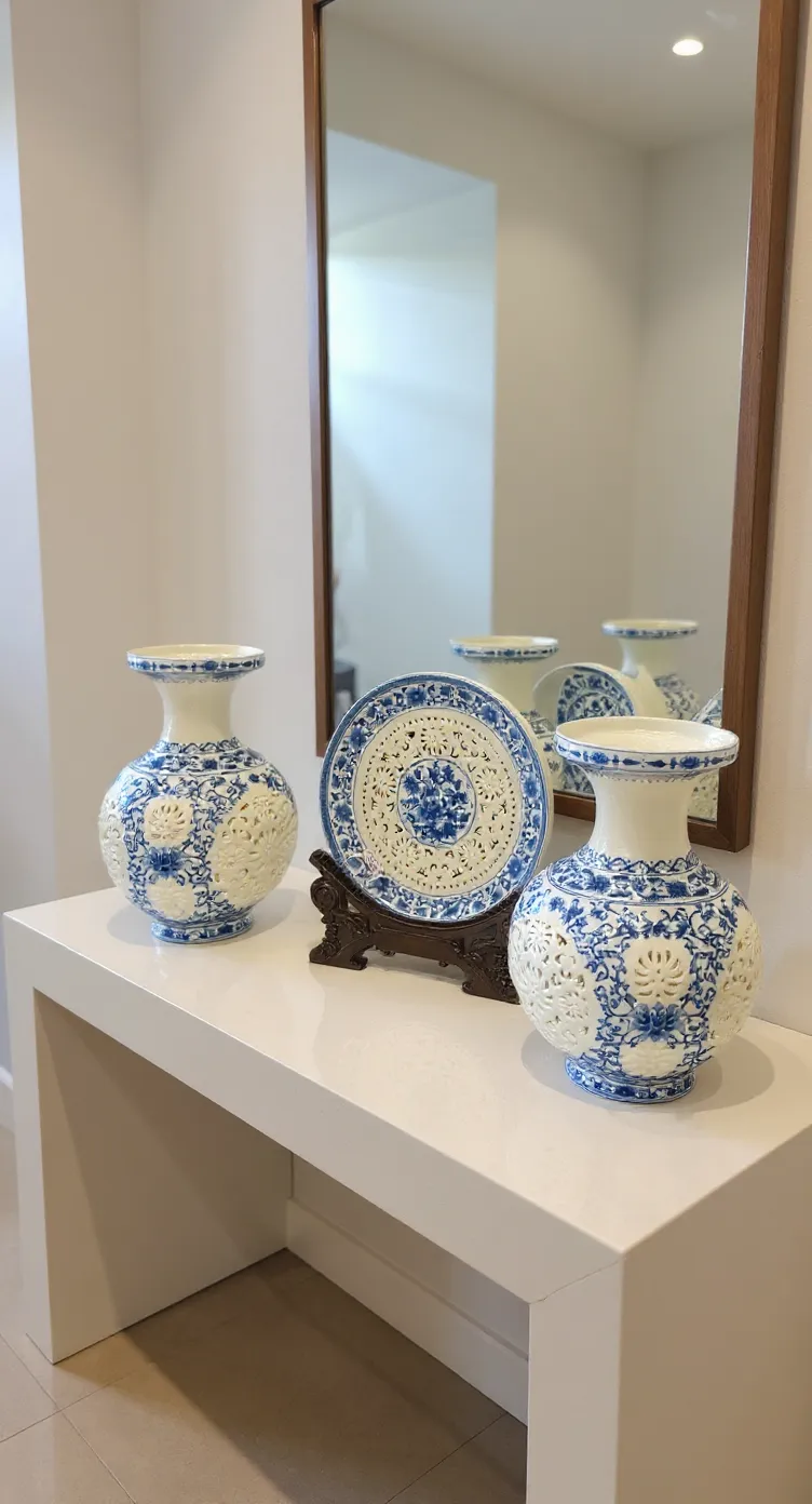 Blue and White Ceramic Vases and Plate Set