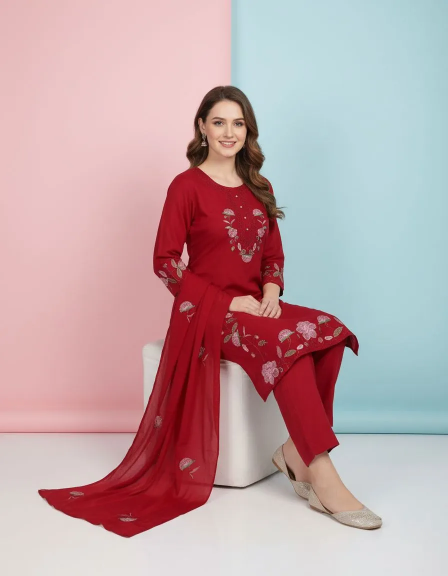 Red Embroidered Kurti Set view 2