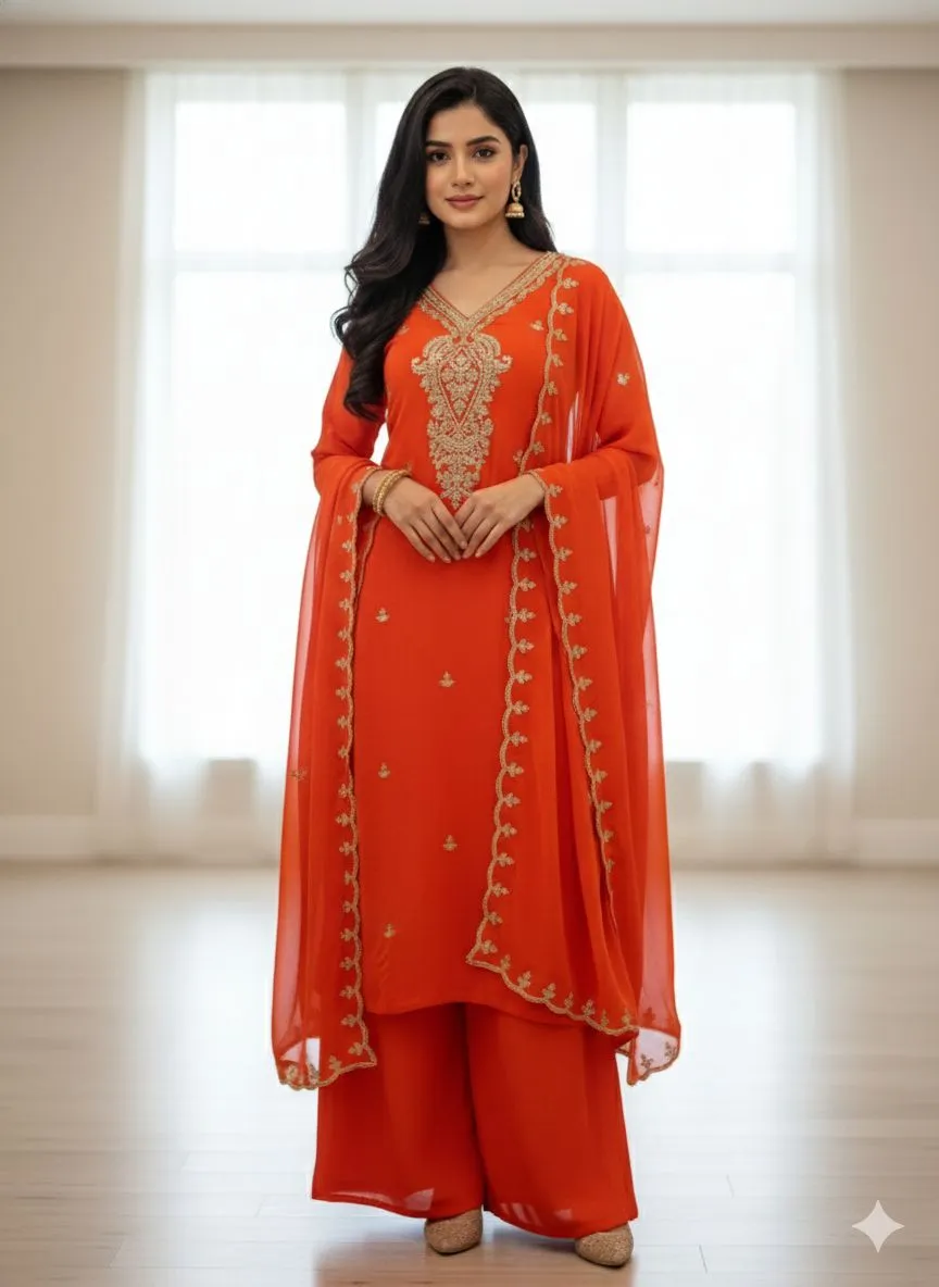 Saffron Embroidered Kurta Set view 2
